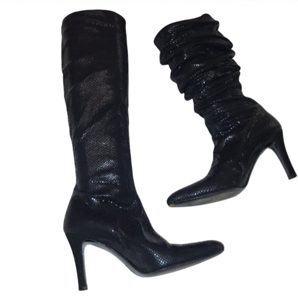 Bruno Magli Y2K Black Snakeskin Slouch Scrunch Heel Knee Boots - 8